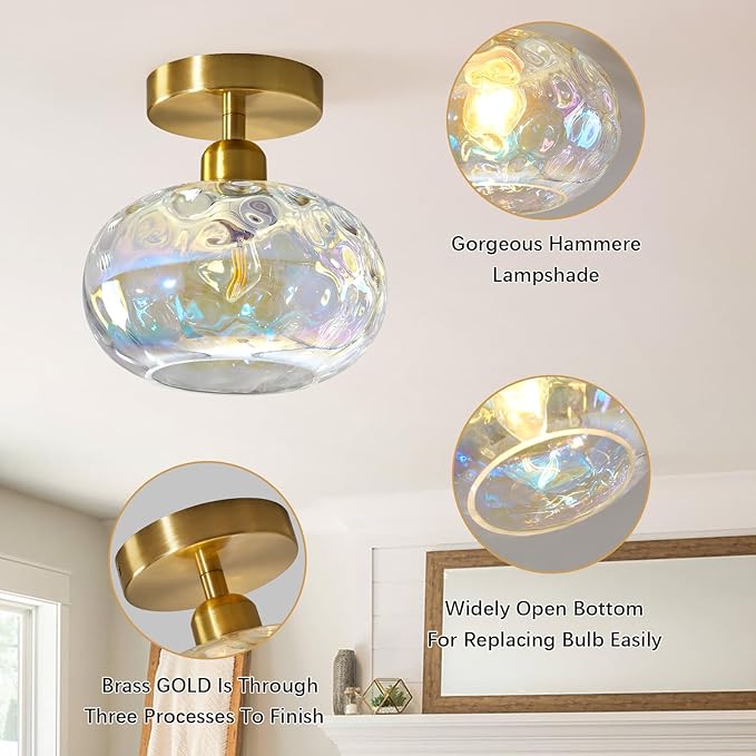 Luafac Vintage Glass Flush Mount Ceiling Light - 2 Pack，7.9 Inch Rainbow Hammered Glass Hallway Light fixtures Ceiling, Gold Semi Flush Mount Ceiling Light for entryway Foyer Laundry Room Kitchen