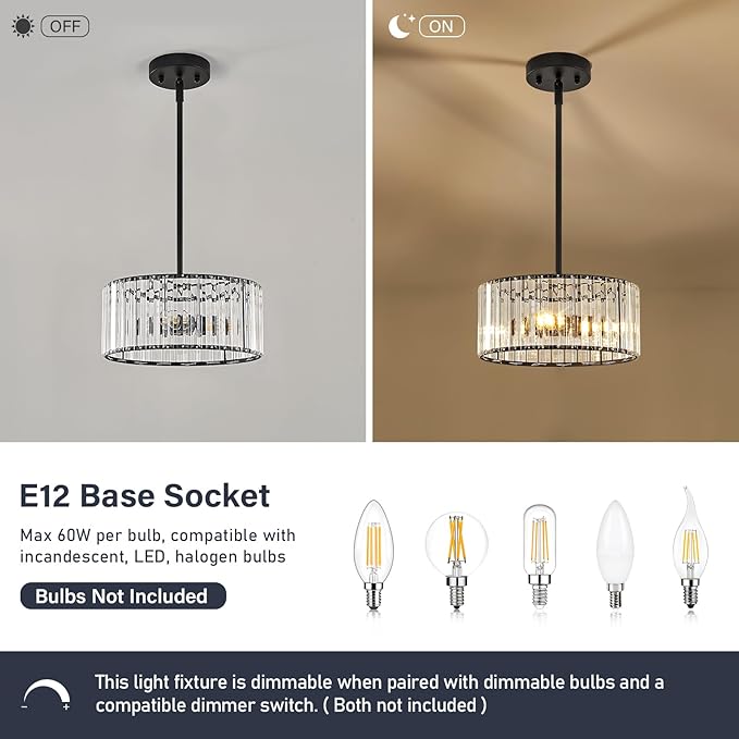 YURNYQ Black Crystal Chandelier, Small Modern Semi Flush Mount Ceiling Chandelier Light Fixtures, Round Hanging Lighting Fixture for Kitchen Bedroom Hallway Entryway Laundry Room, 3-Light, 11.8 Inch