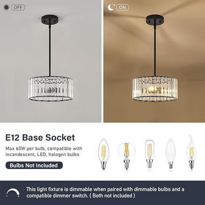YURNYQ Black Crystal Chandelier, Small Modern Semi Flush Mount Ceiling Chandelier Light Fixtures, Round Hanging Lighting Fixture for Kitchen Bedroom Hallway Entryway Laundry Room, 3-Light, 11.8 Inch
