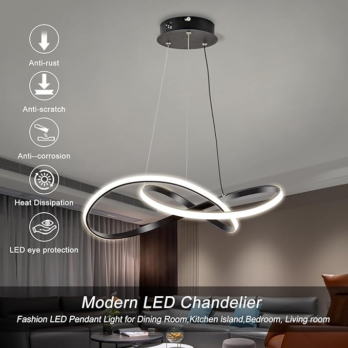 Modern LED Pendant Light Fixture，Black Contemporary Ceiling Hanging Fixture with Irregular Ring Lights for Dining Living Room Bedroom Kitchen Island Cafe（4000K，Neutral Light ）