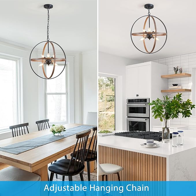 XINGQI Vintage Globe Chandelier Orb Pendant Lighting Fixtures,6-Light Sphere Lights Over Island 19.7" Black and Wood Grain Finish Chandeliers for Dining Room,Kitchen,Living Room