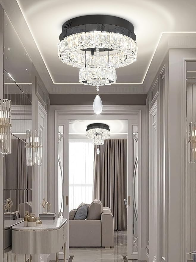 Flashing God Dia 12" Mini Chandelier Modern Crystal Chandeliers for Hallway Black Flush Mount Ceiling Light Modern Chandeliers Lighting for Bedroom Staircase Kitchen