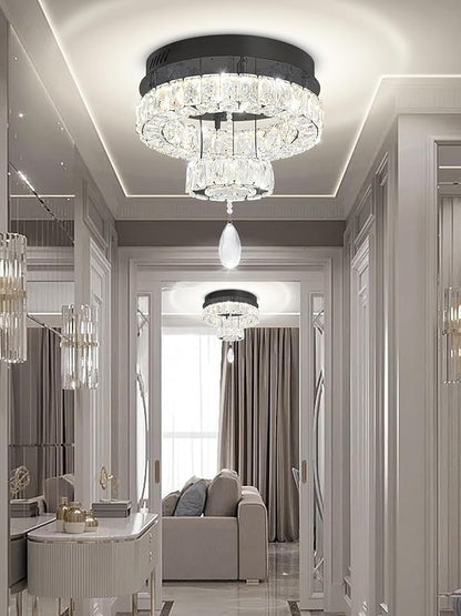 Flashing God Dia 12" Mini Chandelier Modern Crystal Chandeliers for Hallway Black Flush Mount Ceiling Light Modern Chandeliers Lighting for Bedroom Staircase Kitchen