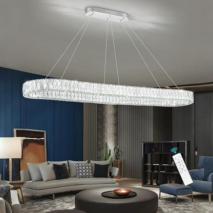 HAIXIANG Crystal 59 Inch Long Chandelier Modern Dimmable LED Chandeliers for Dining Table Pendant Lights Rectangular Glam Lighting Fixtures for Dining Room Kitchen Island Silver