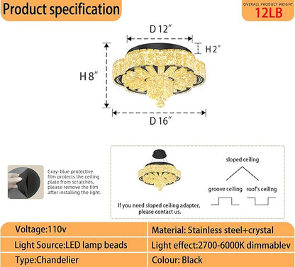 Modern Crystal Chandelier for Living Room 16in Black Crystal Raindrop Ceiling Light for Room Bedroom LED Dimmable 2700K-6000K
