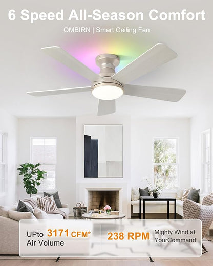 42 Inch Ceiling Fans with Lights, Smart Ceiling Fan with Alexa Google App, Gold Ceiling Fan with RGB Lights Remote, 6 Speeds Reversible DC Motor, Modern Flush Mount for Bedroom Living Room