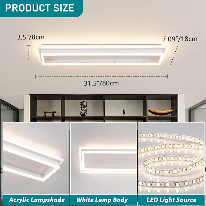 Dimmable Led Ceiling Light with Remote Control 31.5in Modern Linear Flush Mount Ceiling Lighting Fixture Acrylic Long Ceiling Lamp for Living Room Kitchen Dining Room Hallway (White)