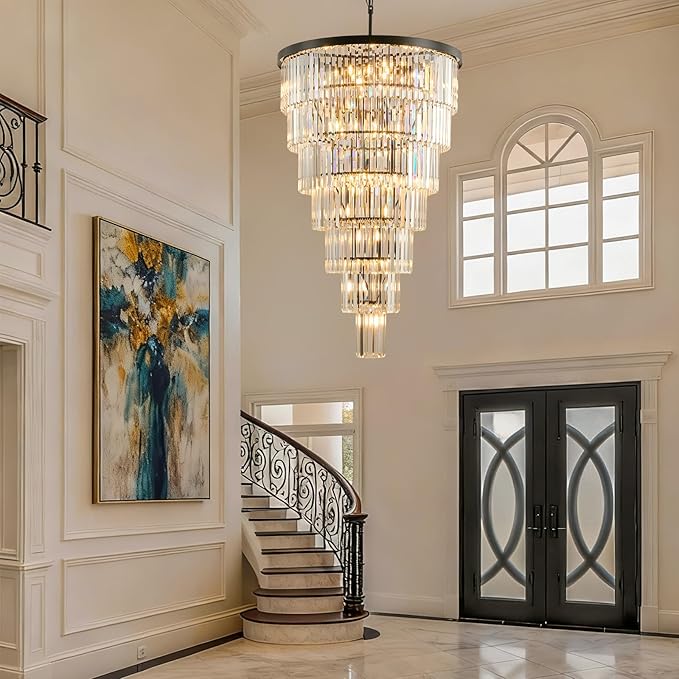 Crystal High Ceiling Chandelier Modern: 30-Inch 7-Tiered Black Staircase Chandeliers - Large Long Hanging Pendant Light Fixture For Entryway Foyer Living Room Luxury Round Flush Mount Ceilings Lights