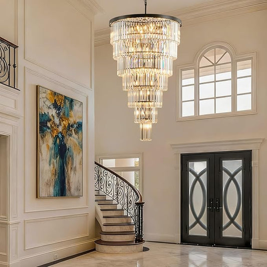 Crystal High Ceiling Chandelier Modern: 30-Inch 7-Tiered Black Staircase Chandeliers - Large Long Hanging Pendant Light Fixture For Entryway Foyer Living Room Luxury Round Flush Mount Ceilings Lights