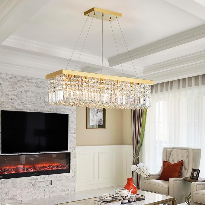 Saint Mossi 5-Lights K9 Crystal Chandelier for Dining Room, Rectangular Pendant Light Fixture for Kitchen Island, Raindrop Chandelier, H9 x W10 x L31, Chain Adjustable