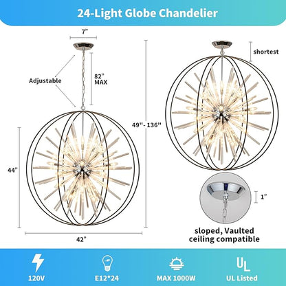 Vezzio D42 Extra Large Chandeliers for High Ceilings 24 Light Big Globe Crystal Sputnik Chandeliers for Entryway Foyer Stairway Kitchen Dining Living Room Hallway Entrance