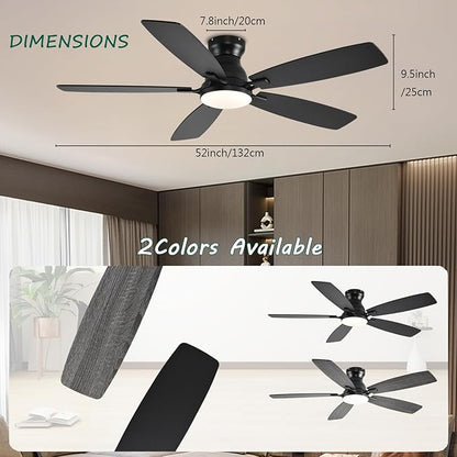 NKPU Ceiling Fans with Lights, Low Profile Ceiling Fan with Light and Remote/APP Control, DC Motor, Noiseless, Flush Mount, 52inch Black Ceiling Fan for Bedroom Indoor/Outdoor Use
