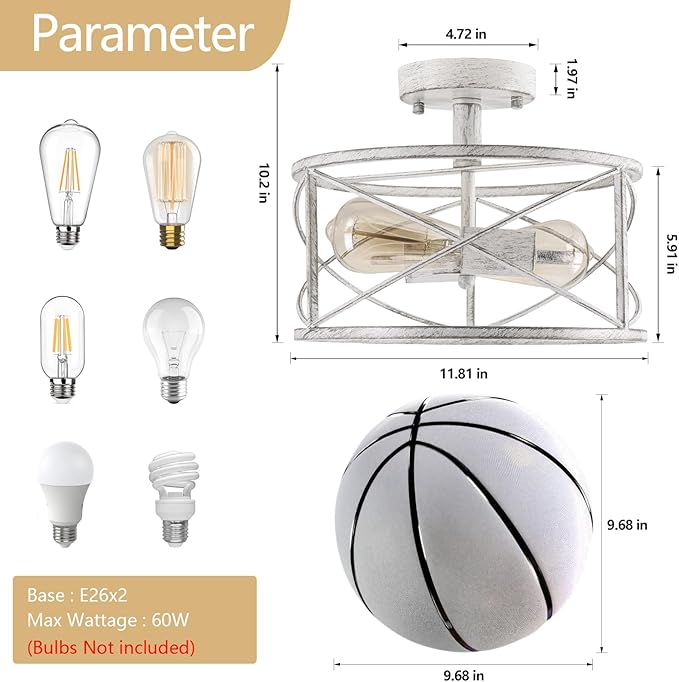 2-Light Semi Flush Mount Distressed White Ceiling Light Fixture, Farmhouse Vintage Metal Cage with Adjustable Height, Dimmable for Hallway Entryway Kitchen Bedroom Foyer Laundry Low Ceiling