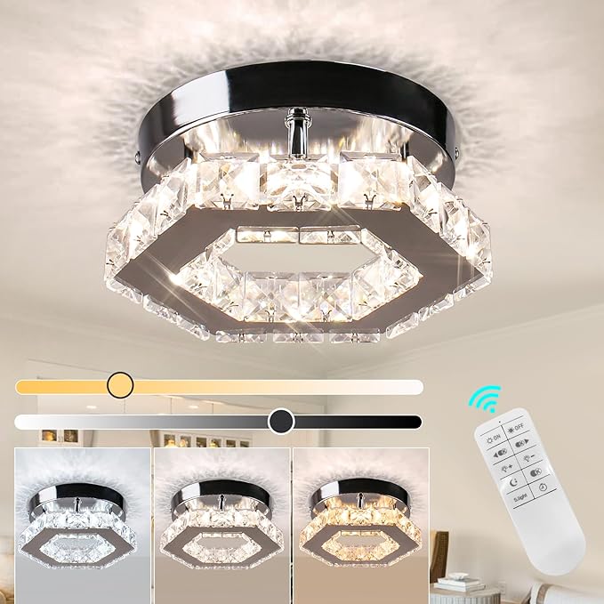 Dimmable Crystal Chandelier Mini LED Flush Mount Ceiling Light Fixture Modern Chandelier Lighting Lamp for Bedrooms Hallway Living Room Dining Room Kitchen Bar