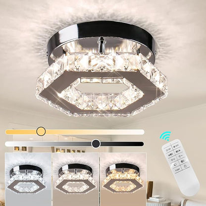 Dimmable Crystal Chandelier Mini LED Flush Mount Ceiling Light Fixture Modern Chandelier Lighting Lamp for Bedrooms Hallway Living Room Dining Room Kitchen Bar