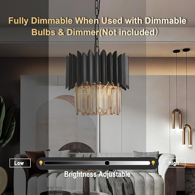 Black Crystal Chandelier 12 Inch K9 Crystal Pendant Light Fixture 3-Light Semi Flush Mount Ceiling Light for Kitchen Island Dining Room Bedroom Foyer Entryway Hallway