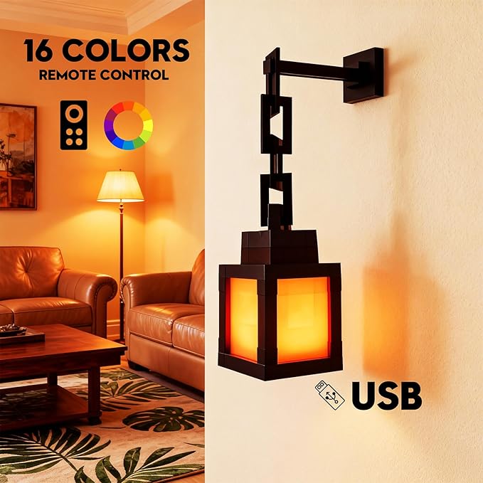 DBZ Pixelated Lantern Night Light, 16 Colors Rechargeable LED Light with Touch Switch & Remote Control, Retro Style Pixel Table/Wall Light for Kids Bedroom, Gaming Room Decor Gift