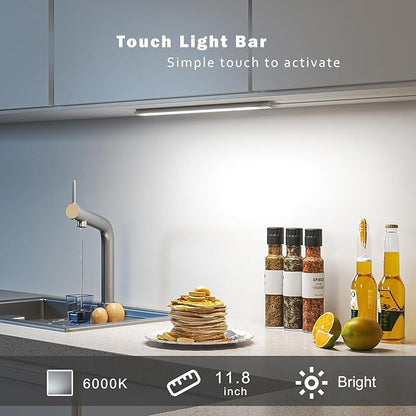 MYPLUS Under Cabinet Lights, 12" Touch Activated and Dimmable Aluminum LED Bar for Kitchen, Workbench and Desk, Cold White 6000K, Plug-in, Sliver
