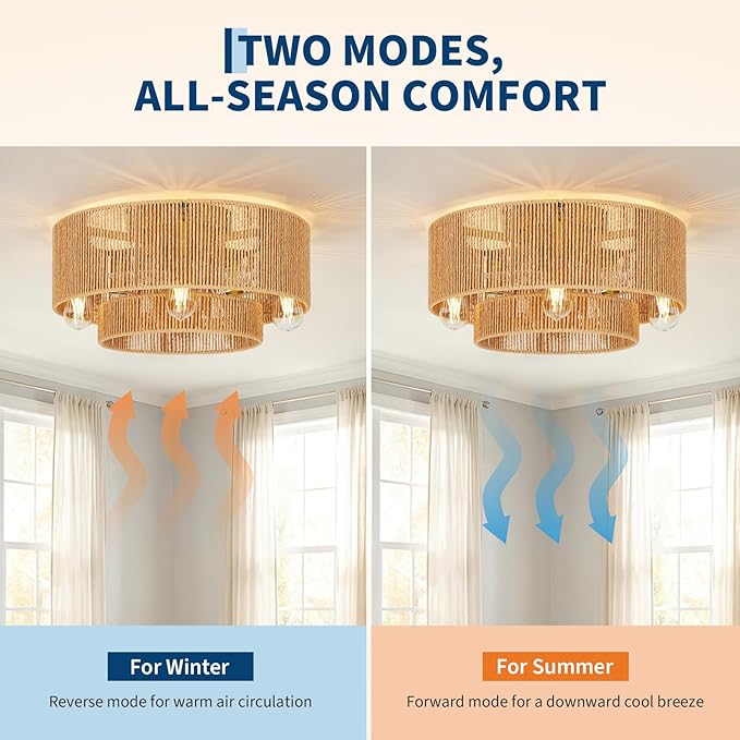 GarveeHome 【Flicker-Free • Hand-Woven Rattan】 20'' Boho Rattan Ceiling Fan with Light and Remote - Flush Mount Caged Ceiling Fan with 6 Speeds for Bedroom, Living Room