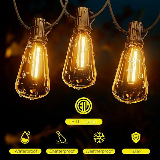OHLUX Outdoor Light String, 30FT Dimmable Outdoor String Lights with 17 Shatterproof LED ST38 Vintage Edison Bulbs,2200K Connectable Hanging Lights for Deck Porch Bistro Gazebos Balcony Garden