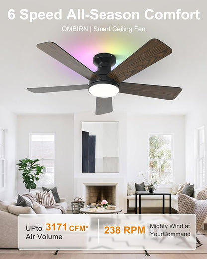 42 Inch Ceiling Fans with Lights, Smart Ceiling Fan with Alexa Google App, Black Ceiling Fan with RGB Lights Remote, 6 Speeds Reversible DC Motor, Modern Flush Mount for Bedroom Living Room