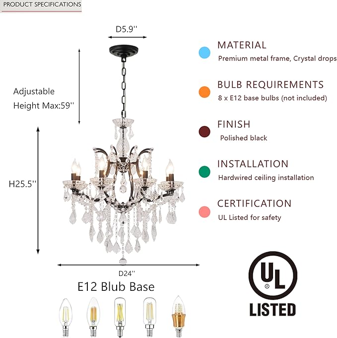 8-Light Crystal Chandelier Black Finish Modern Luxury Antique Flush Mount Chandelier with Crystal Drops Prisms Beads, Elegant Dining Room Living Room Entryway Foyer Ceiling Light Fixture