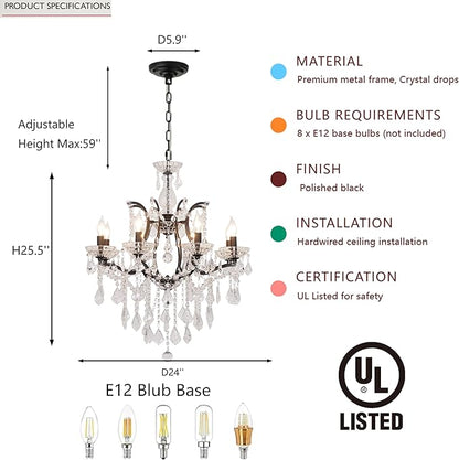 8-Light Crystal Chandelier Black Finish Modern Luxury Antique Flush Mount Chandelier with Crystal Drops Prisms Beads, Elegant Dining Room Living Room Entryway Foyer Ceiling Light Fixture