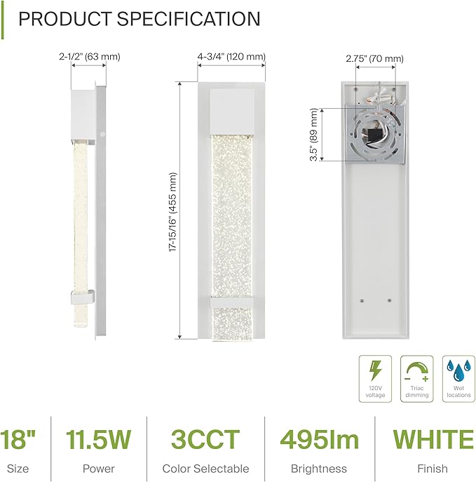 ASD LED 18" Bubble Glass Wall Light Fixture, Outdoor & Indoor Seeded Sconce | 3CCT, Waterproof, Dimmable, ETL Listed | 12W 500LM 3000-5000K 120V | Exterior Lantern, Porch Lighting | White, 2 Pack