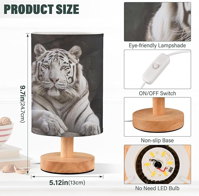 White Tiger Table Lamp with Wood Base Fabric Lamp Shade Bedside Nightstand Desk Lamp for Living Room Bedroom Kids Room Office