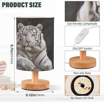 White Tiger Table Lamp with Wood Base Fabric Lamp Shade Bedside Nightstand Desk Lamp for Living Room Bedroom Kids Room Office