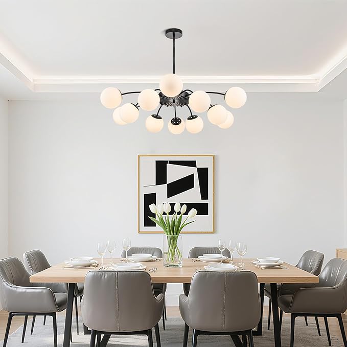 Longree 12-Light Black and White Sputnik Chandeliers with Blossom Accent Milk Glass Bubble Pendant Lighting, Mid Century Opal Glass Ceiling Light Fixture for Dining Hallway Living