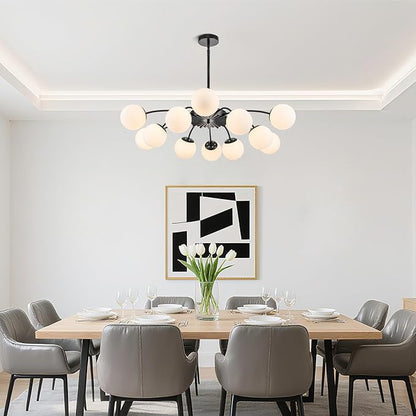 Longree 12-Light Black and White Sputnik Chandeliers with Blossom Accent Milk Glass Bubble Pendant Lighting, Mid Century Opal Glass Ceiling Light Fixture for Dining Hallway Living