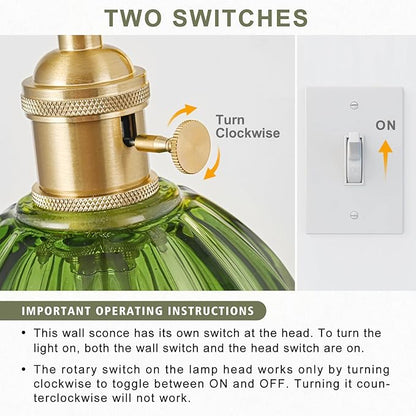 Wall Sconces Set of Two Hardwired, Vintage Wall Sconce Light with Tulip Green Glass Lampshade, Bathroom Wall Sconces with Switch, Gold Wall Light Sconces Wall Decor Set of 2