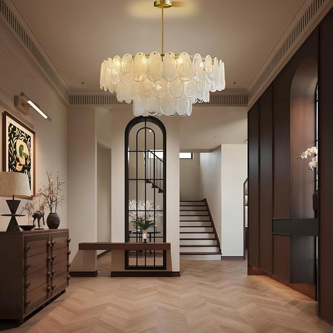 31.5in Gold Crystal Chandelier Modern Pendant Lighting 12-Light Round Crystal Chandeliers for Kitchen Island Cloud Glass Multi-Tier Light Fixture for Dining Room, Living Room, Kitchen