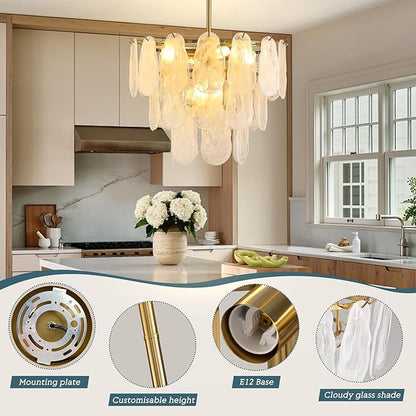 Modern Gold Cloud Glass Chandeliers, 19.68 Inches Creative Crystal Pendant Ceiling Fixture, 3 Tier Luxury Height Adjustable Chandelier, 6-Light for Bedroom Living Room Dining Room Hallway Foyer (E12)