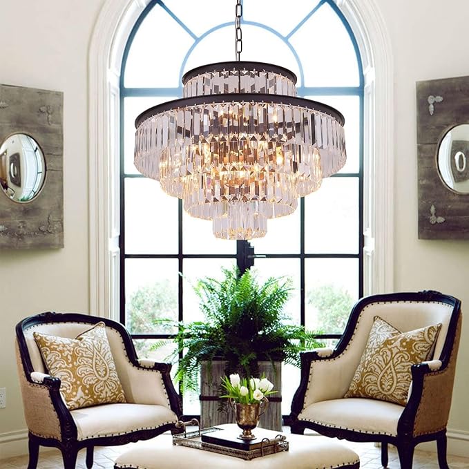Modern Crystal Chandelier Pendant Ceiling Lights 5-Tier Chandeliers for Dining Rooms Foyer Hallway 13-Lights (Dia 24 Inch)-Oil Brown