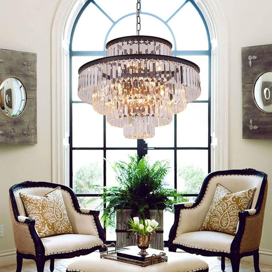 Modern Crystal Chandelier Pendant Ceiling Lights 5-Tier Chandeliers for Dining Rooms Foyer Hallway 13-Lights (Dia 24 Inch)-Oil Brown