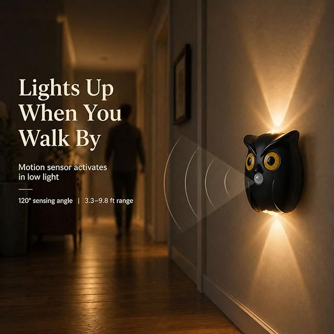 2-Pack Obsidian Owl Wall Lamp, Cute LED Night Light for Bedroom Decor, Warm Ambient Lighting for Kids Room, Nursery & Hallway, Creative Animal Wall Light, Gift for Home Decoration