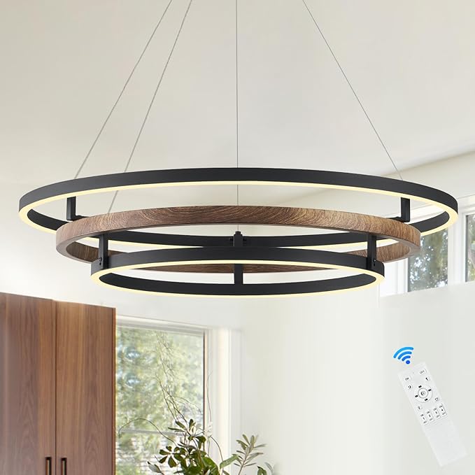 3 Ring LED Chandelier Walnut Wood Black Chandelier Light Fixture 31in Dimmable Modern Entry Chandeliers Wood-Printed Circular Light for Foyer Dining Room Bedroom Office Living Room