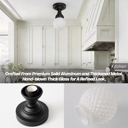 Modern Schoolhouse Semi Flush Mount Ceiling Light,Black Close to Ceiling Light Fixtures with Milky White Globe Glass Hallway Light Fixtures for Laundry Entryway Kitchen Bathroom E26