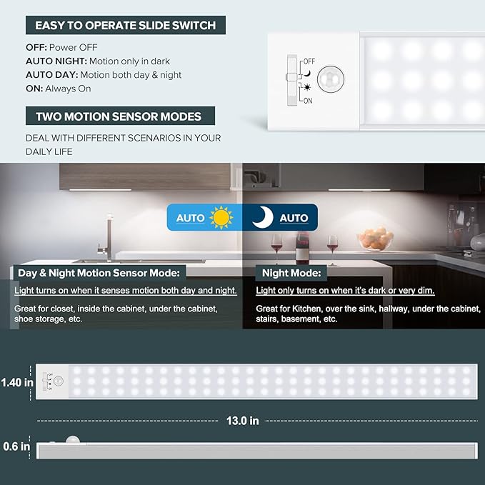 60 LED Closet Lights Battery Powered, BLS Super Bright Under Cabinet Lighting, Motion Sensor Light, Wireless, 2400mah Rechargeable Operated, 120 Days Run Time, 6000k Clean White-13 Inches