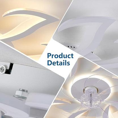White Flower Modern Ceiling Fans with Lights, Low Profile Ceiling Fan with Remote for Bedroom, 32inch Flush Mount Ceiling Fan with LED Dimmable Light,6-Speeds, Timing CeilingFan Light-8L