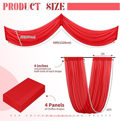 4 Panels Red Ceiling Drapes for Wedding Ceiling Drapes 5ftx40ft Wedding Arch Draping Fabric Sheer Curtains Voile Chiffon Drapery Draping Decorations for Party Ceremony Stage