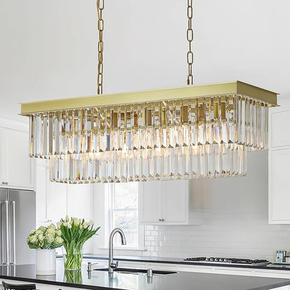 A AXILIXI Rectangular Crystal Chandelier Gold for Dining Room Modern Chandelier Rectangle Linear Pendant Light Fixtures for Kitchen Island L33” K9 Luxury Long Chandelier for Living Room