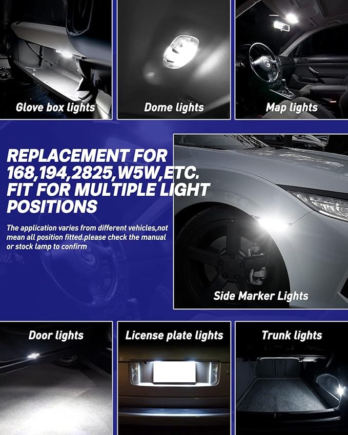 AUTOONE 194 LED Bulb, License Plate Light 300% High Brightness T10 168 2825 W5W LED Bulbs for Dome Map Door Courtesy Interior Car Lights 6500K White, Pack of 10