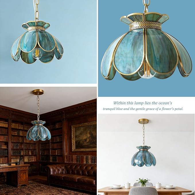 Brass Glass Ceiling Pendant Light, Hanging Chain Lamp, with Vintage Lotus Flower Blue Green Glass Shade for Kitchen Island Dining Room Bedroom Living Room - 7.9" Shade