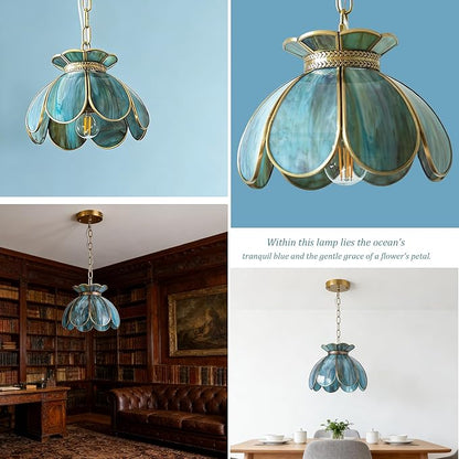 Brass Glass Ceiling Pendant Light, Hanging Chain Lamp, with Vintage Lotus Flower Blue Green Glass Shade for Kitchen Island Dining Room Bedroom Living Room - 7.9" Shade