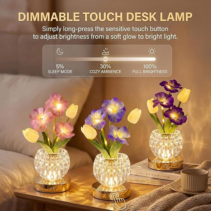 Flower Table Lamp, 3 Colors Tulip Night Light, Cordless Touch Dimming Flower with Vase Lamp, LED Desktop Decorative Landscape Lights for Festival Party Home Decor (Purple-Sakura)