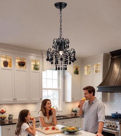 Q&S Mini Crystal Chandelier, Modern Black Small Chandelier 1-Light Crystal Pendant Light Fixture for Princess House Nursery Girls Hallway Entryway Bedroom Foyer Bathroom Kitchen W11.8 UL Listed