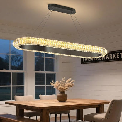 40'' Oval Ring Crystal Chandelier Modern LED Dimmable Ring Pendant Light Chandelier for Dining Room Living Room Black